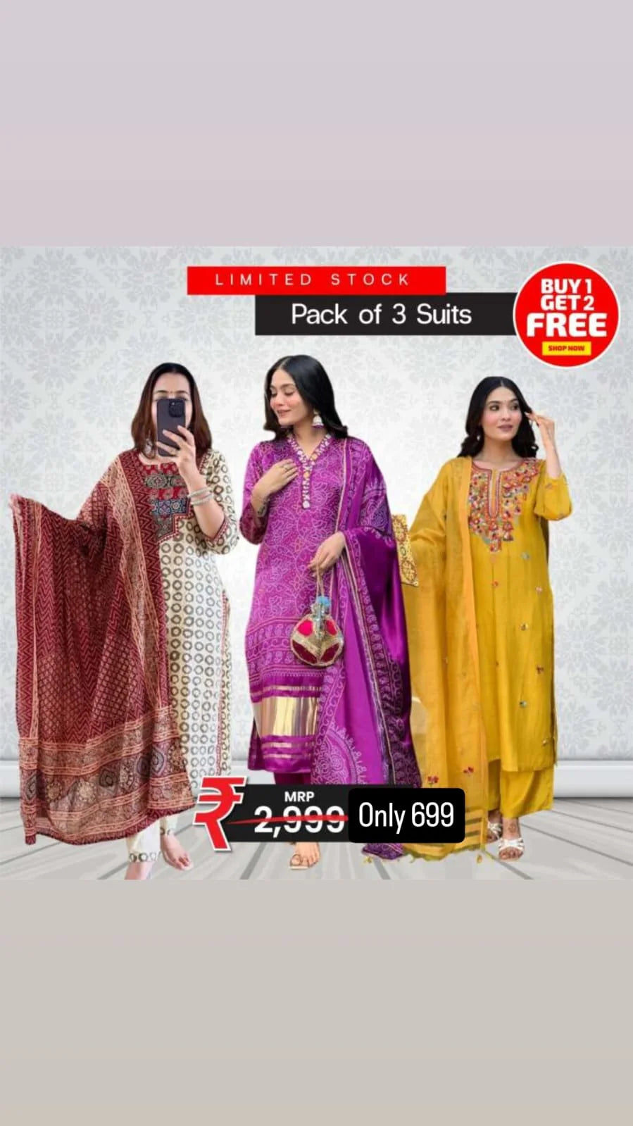 Pack of 3 Suits – Maroon Print, Purple Ethnic & Yellow Embroidery