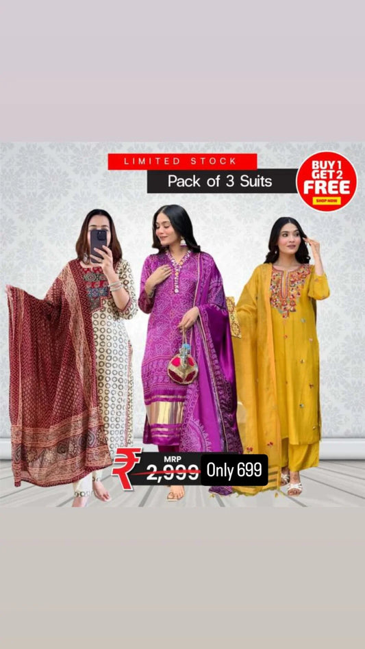 Pack of 3 Suits – Maroon Print, Purple Ethnic & Yellow Embroidery