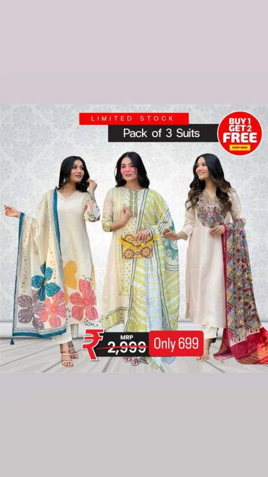 Pack of 3 Suits – White Floral, Green Stripes & Ivory Embroidery