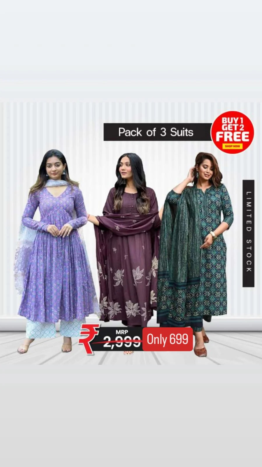 Premium Women’s 3-Piece Printed Suit Combo (Rust, Multi & White)