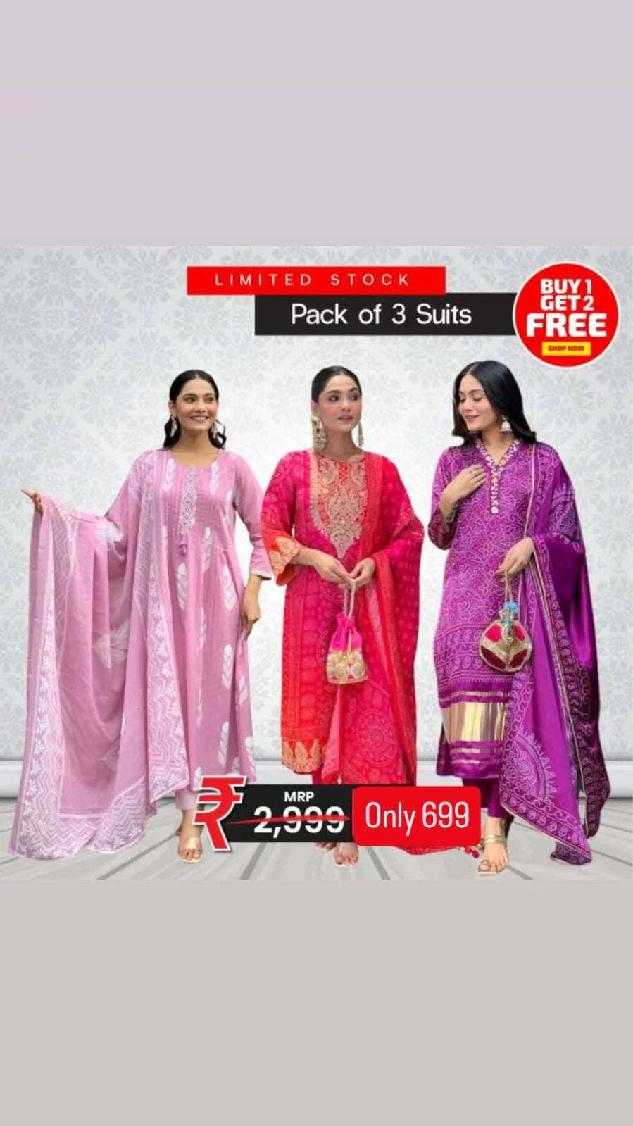 Pack of 3 Suits – Baby Pink, Red Embroidery & Purple