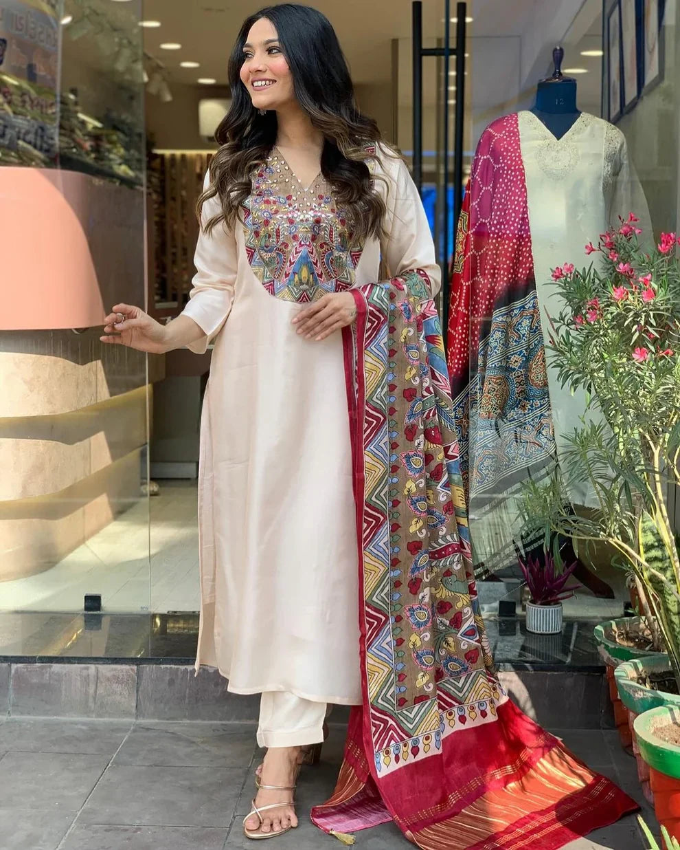 Pack of 3 Suits – White Floral, Green Stripes & Ivory Embroidery