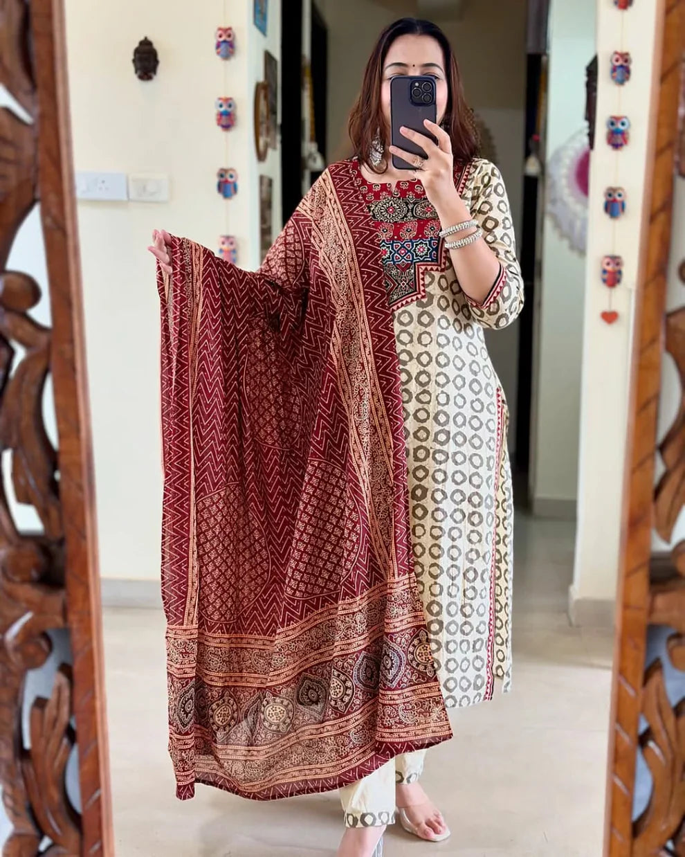 Pack of 3 Suits – Maroon Print, Purple Ethnic & Yellow Embroidery