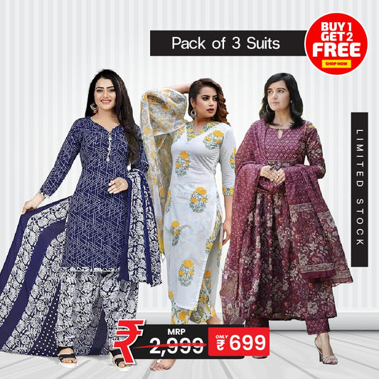 Indigo Bloom Fusion – Designer Suit Pack of 3 🌼💙✨